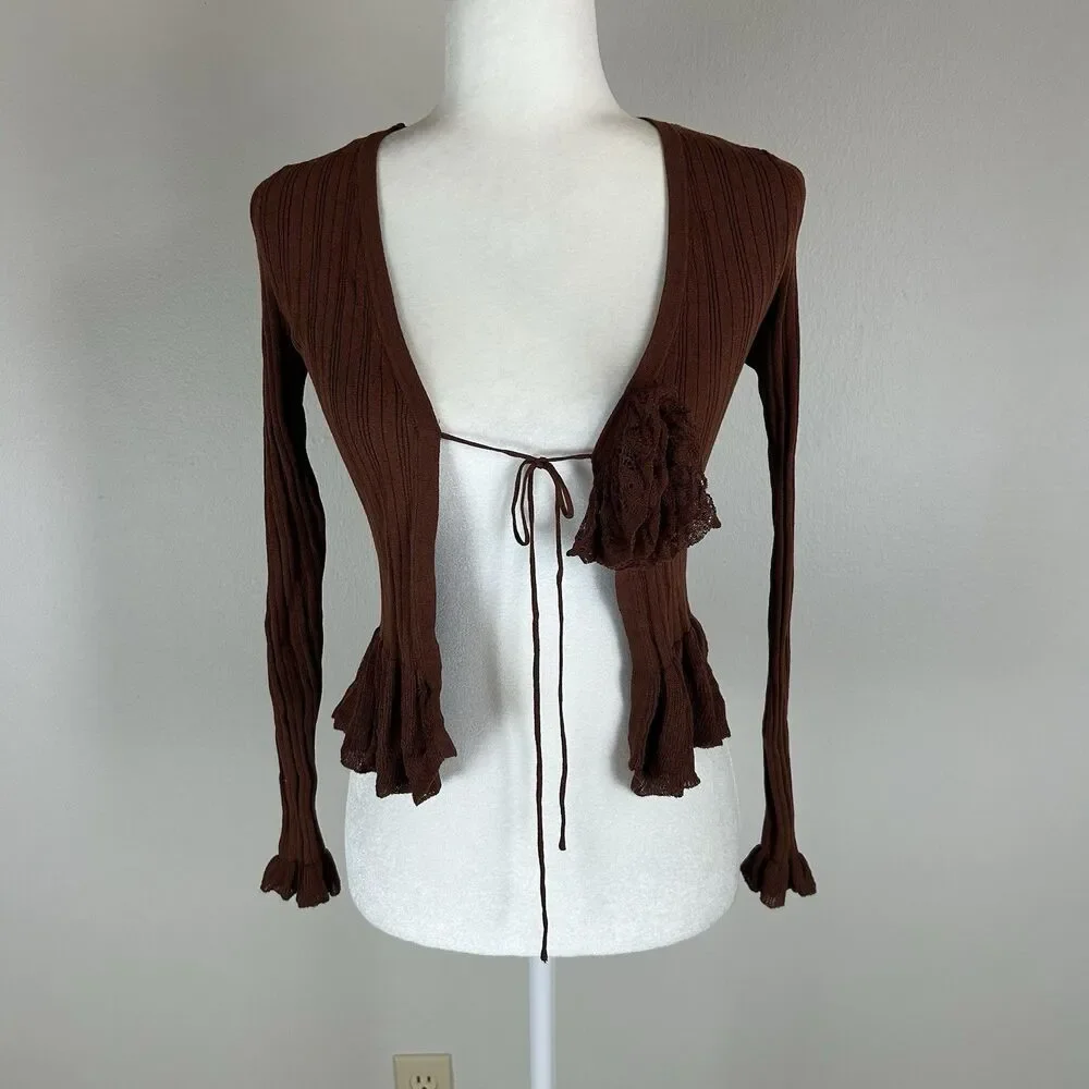 Zara S Brown Pointelle Cardigan Brown Ruffle Tie Front Top Festival Y2K Blogger